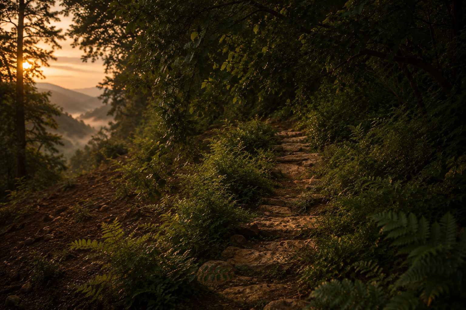 A forest path below the lodges