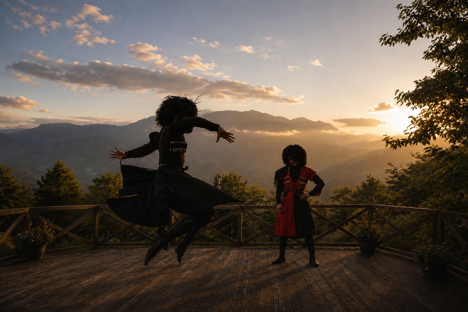 Georgian dancers on the terrace at sunset