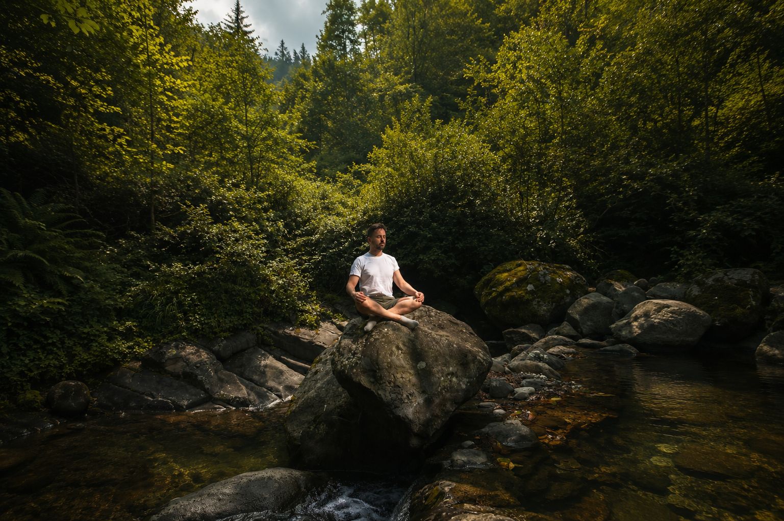 Destress: meditation by a mountain river