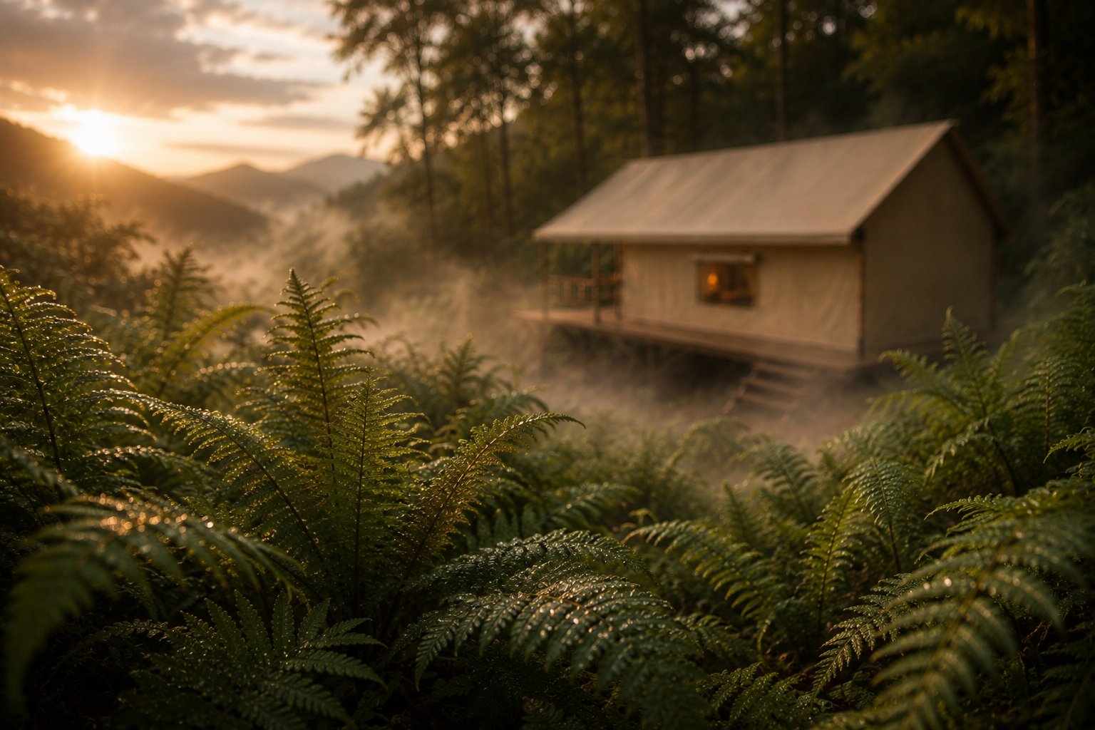 Outside of the Tent Lodge with terrace, fire pit and herbal bath