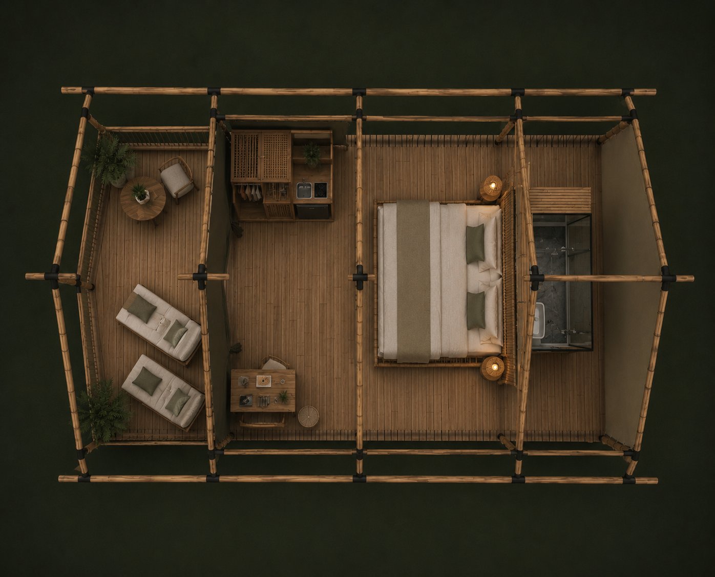 Tent Lodge floor plan — 45 m² with terrace