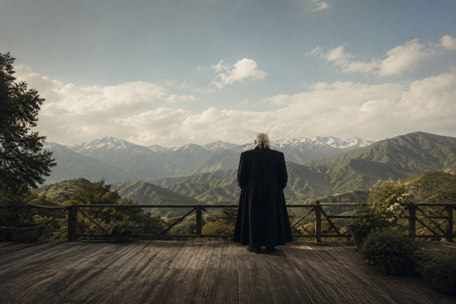 A guest on the terrace facing the mountains